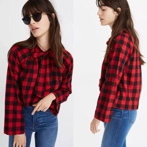 Madewell Black & Red Tie-Neck Popover Shirt in Buffalo Check Size XXS NWT